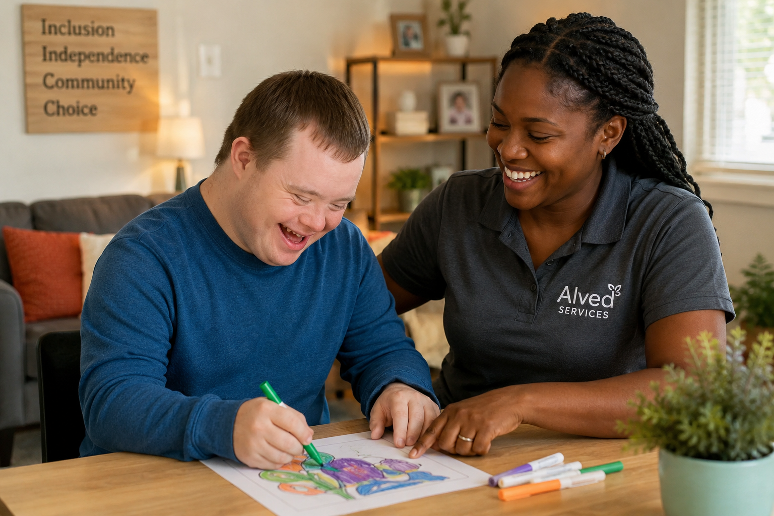 A support professional working one-on-one with an adult individual