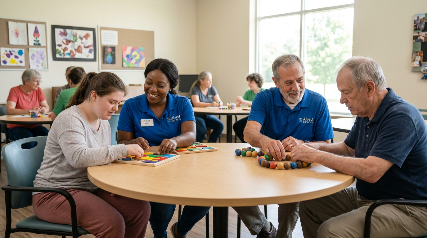 A support professional working alongside an adult individual in the community